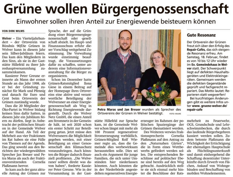Presseartikel vom 16.02.2023 Soester Anzeiger – GRÜNE WOLLEN BÜRGERGENOSSENSCHAFT
